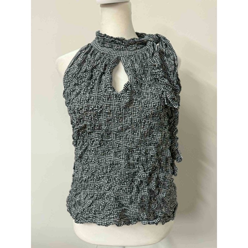 Vtg Sara Campbell Lg Gingham Popcorn Sleeveless Top Navy White Keyhole Neck Tie